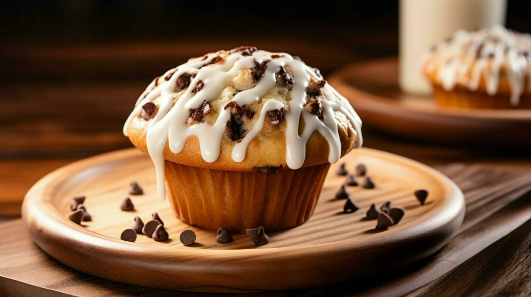 fait maison Chocolat puce muffin avec crémeux glaçage sur en bois table photo