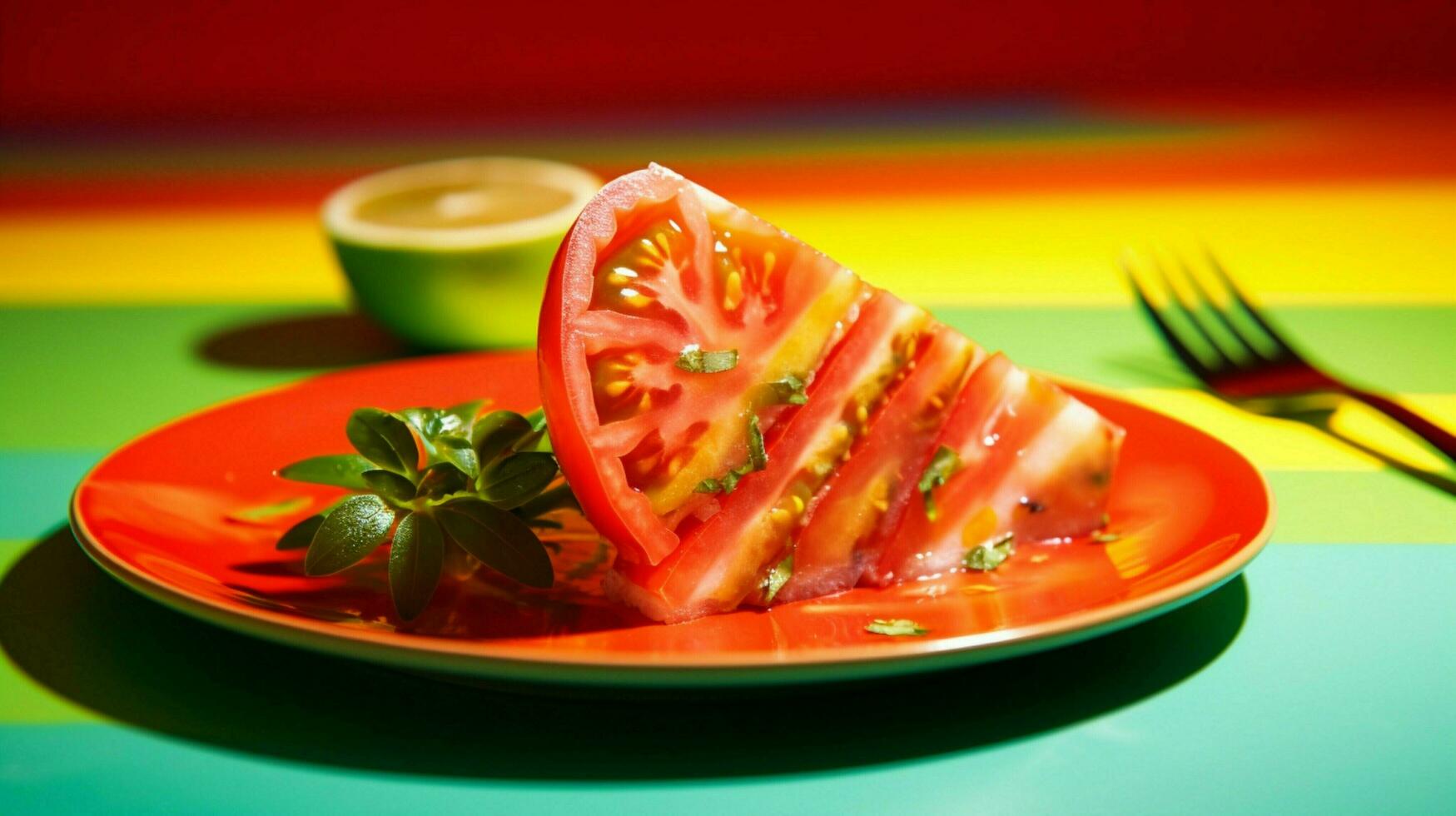 juteux mûr tomate tranche sur vibrant multi coloré salade photo