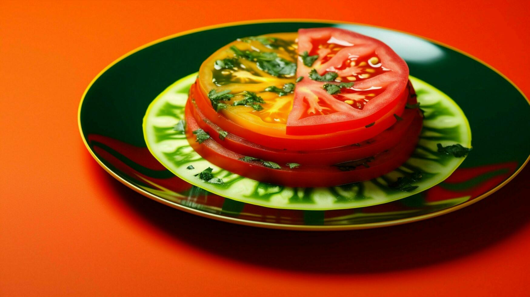 juteux mûr tomate tranche sur vibrant multi coloré salade photo