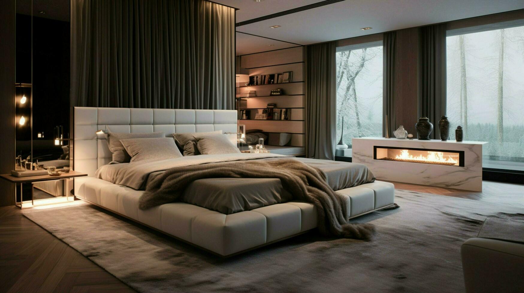 luxe chambre avec moderne conception et confortable literie photo