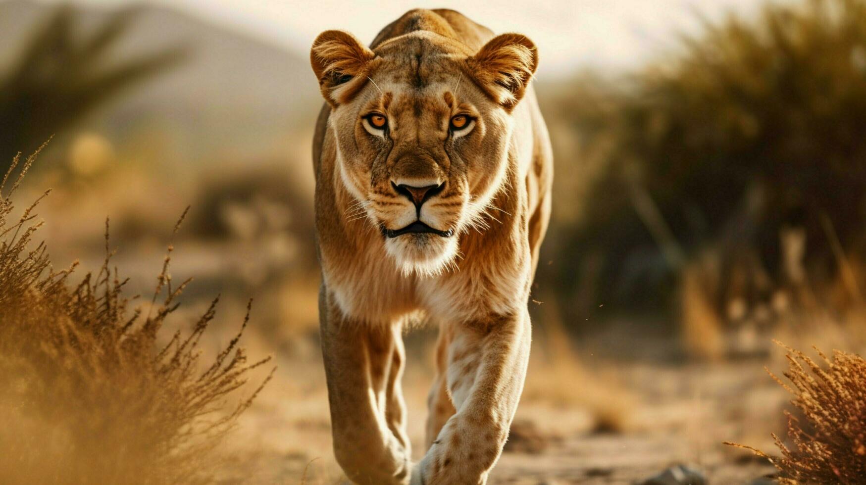 majestueux lionne en marchant dans le africain savane photo