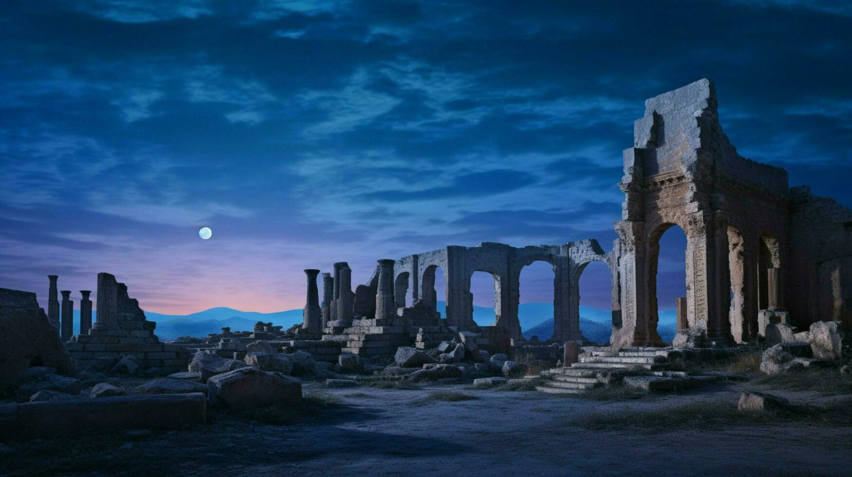 majestueux ruines illuminé par crépuscule bleu ciel photo