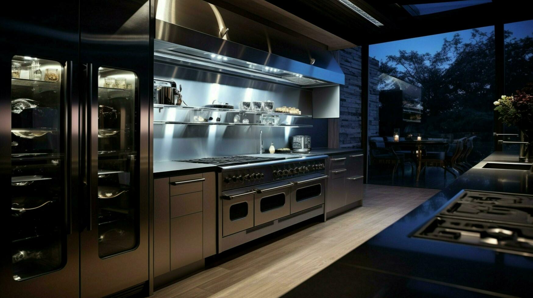 moderne cuisine équipement brillant acier appareils électroménagers lueur photo
