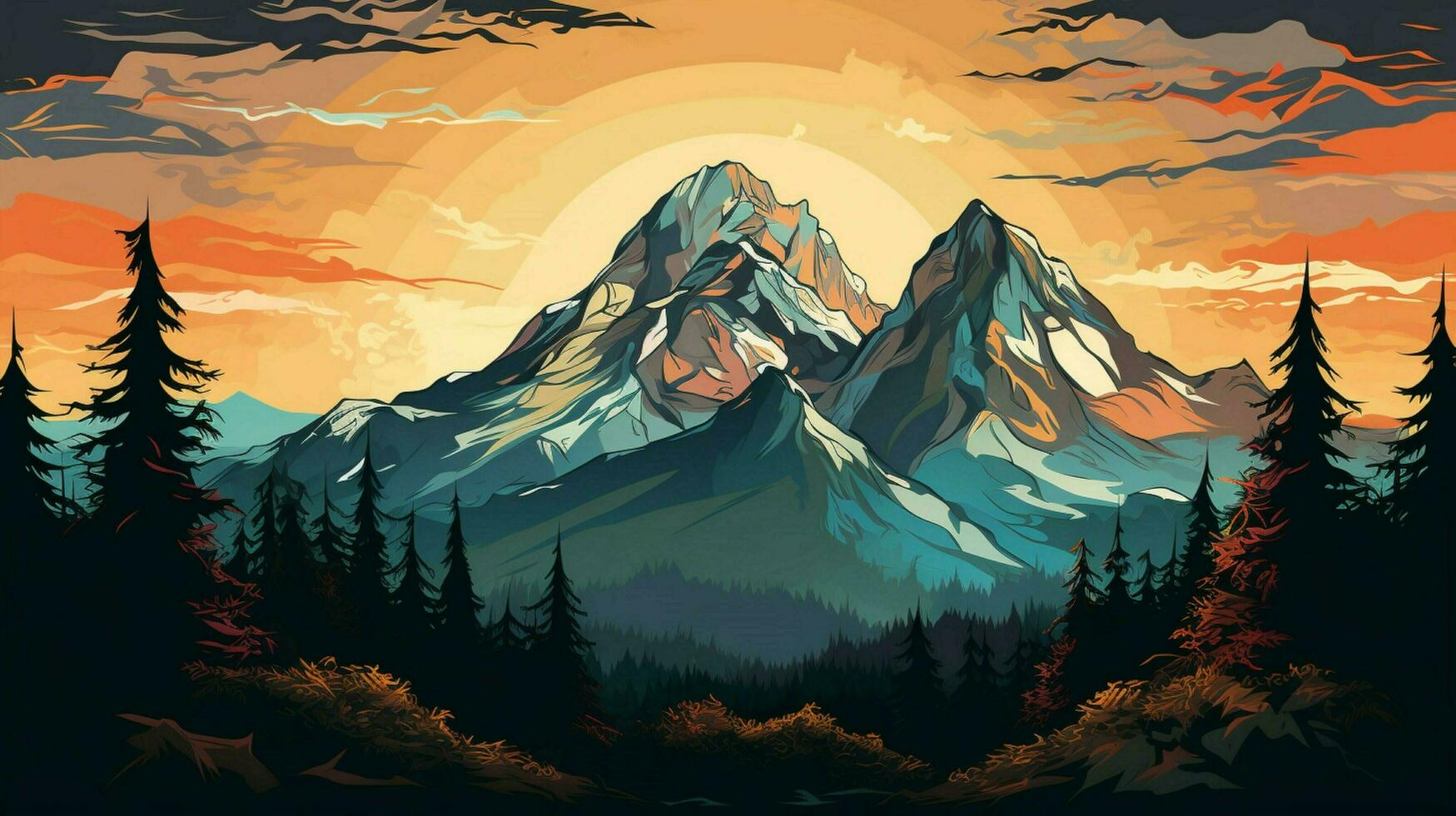 Montagne de pointe et le coucher du soleil au milieu de forêt toile de fond photo