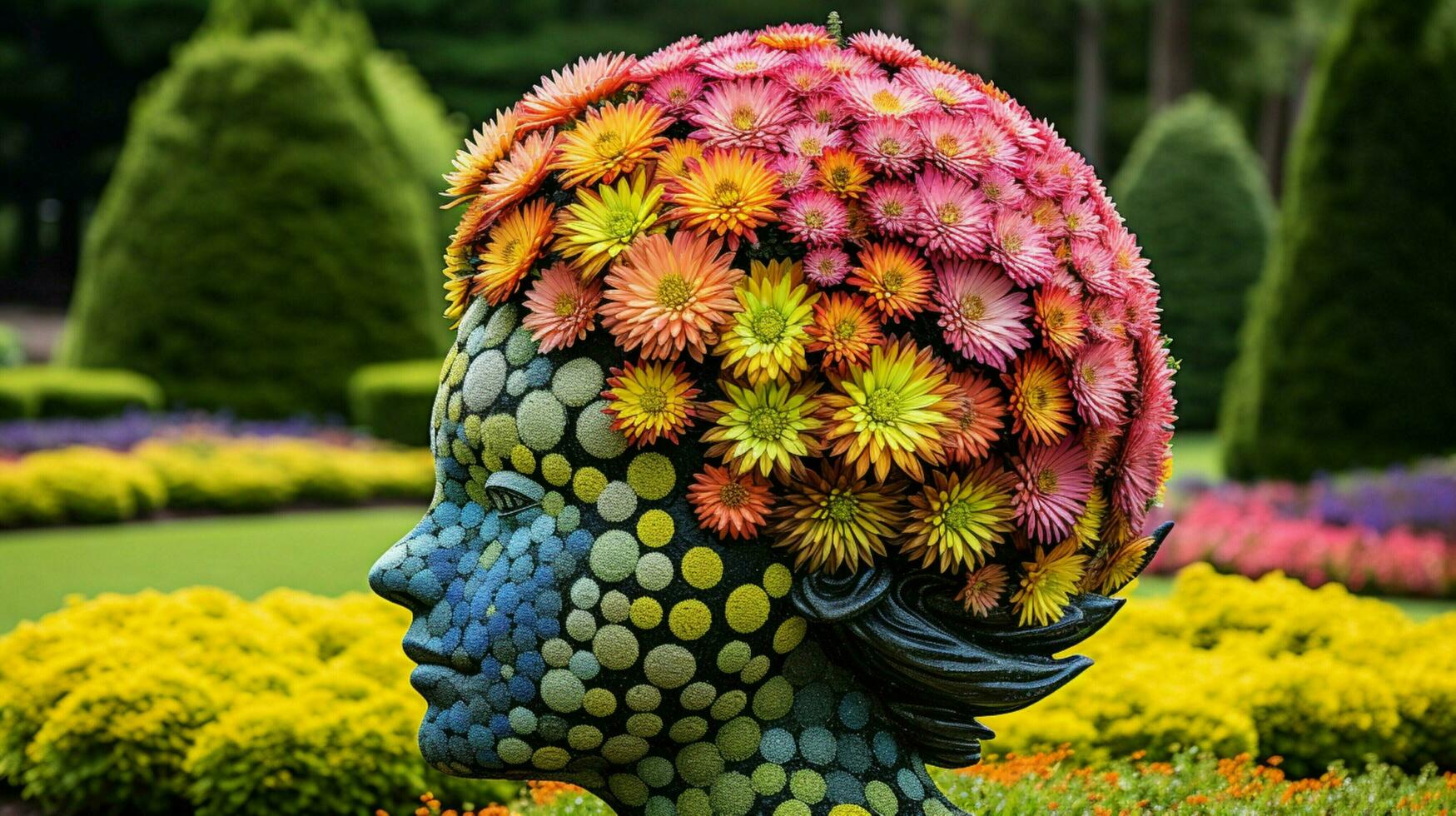 multi coloré fleur tête dans formel jardin vitrines beauté photo