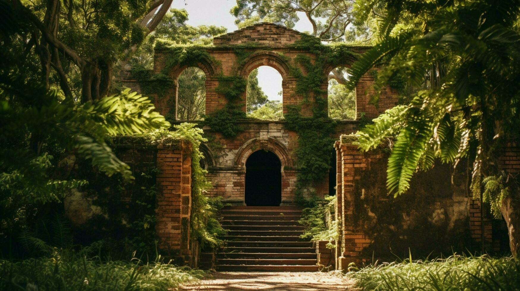 vieux brique bâtiment fonctionnalité entouré par la nature feuillu photo