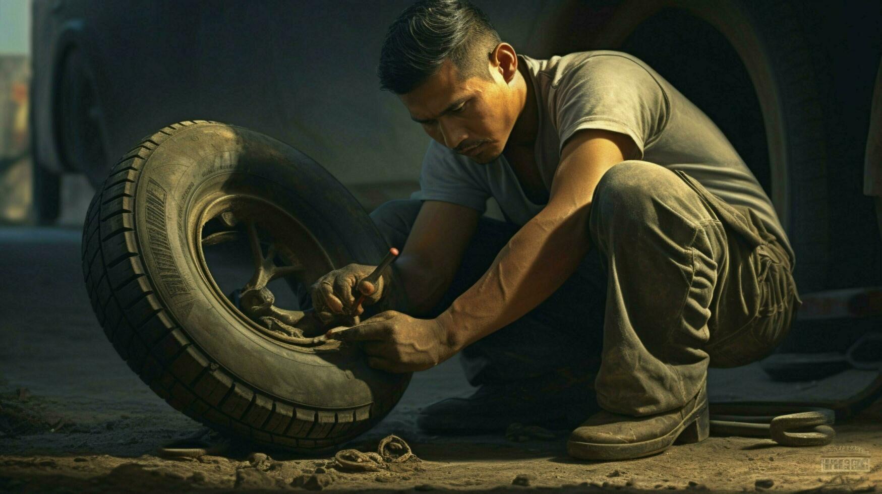 un homme réparer pneu avec travail outil photo