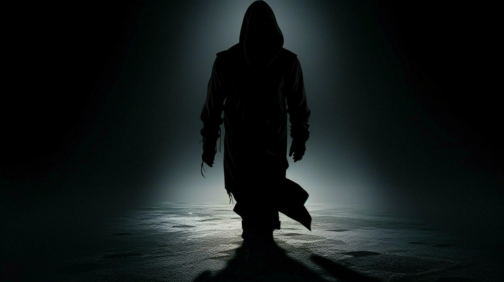 silhouette de encapuchonné voleur en marchant dans noir photo