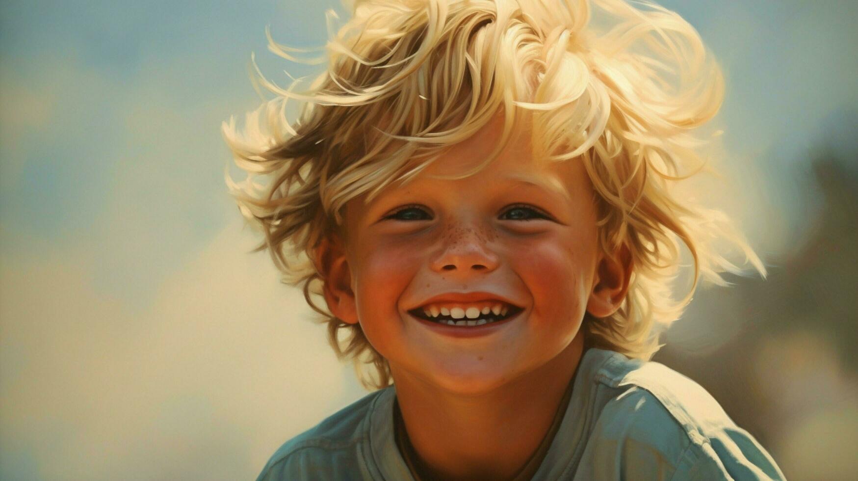 souriant de bonne humeur enfant avec blond cheveux rayonne bonheur photo