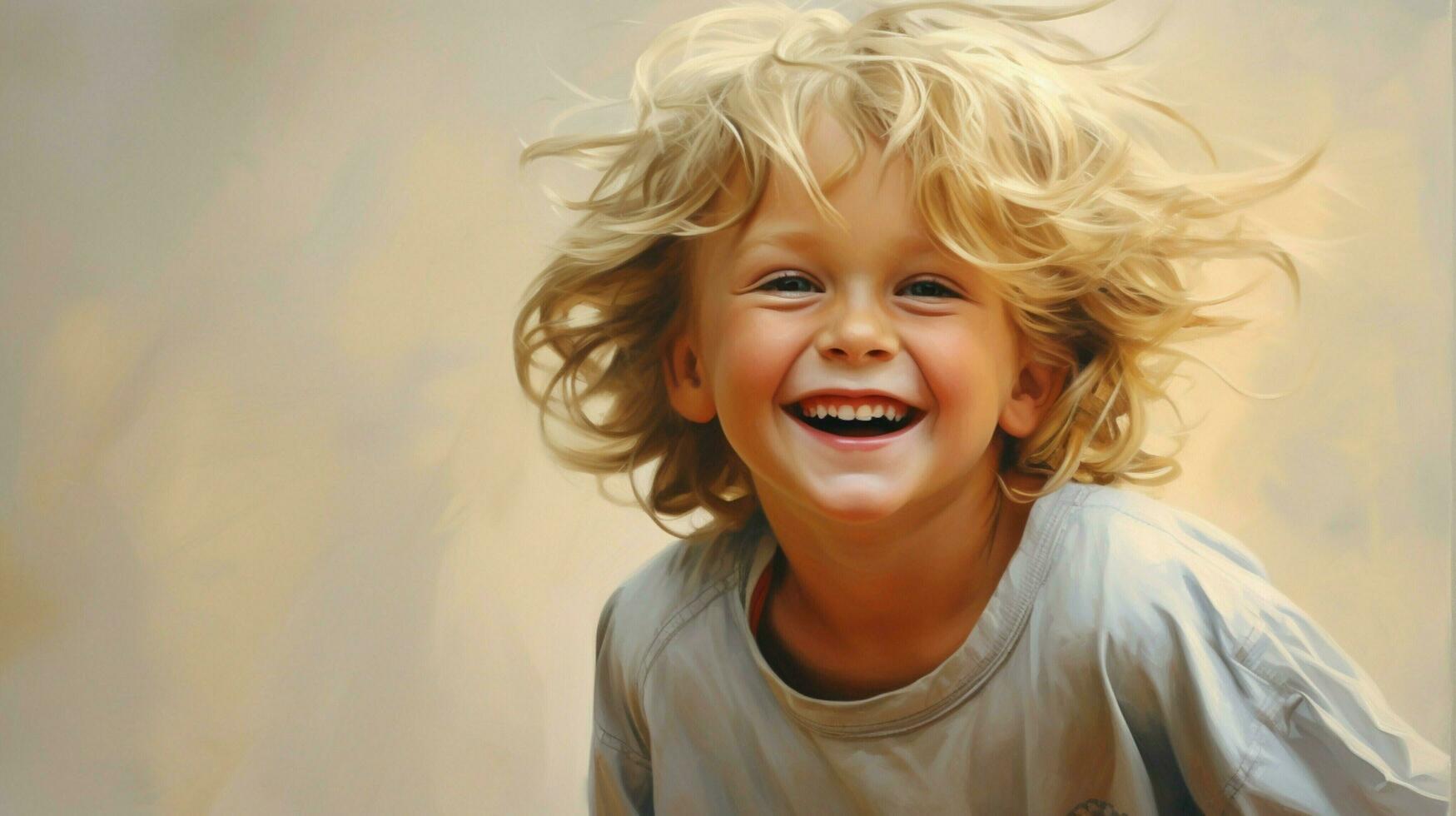 souriant de bonne humeur enfant avec blond cheveux rayonne bonheur photo