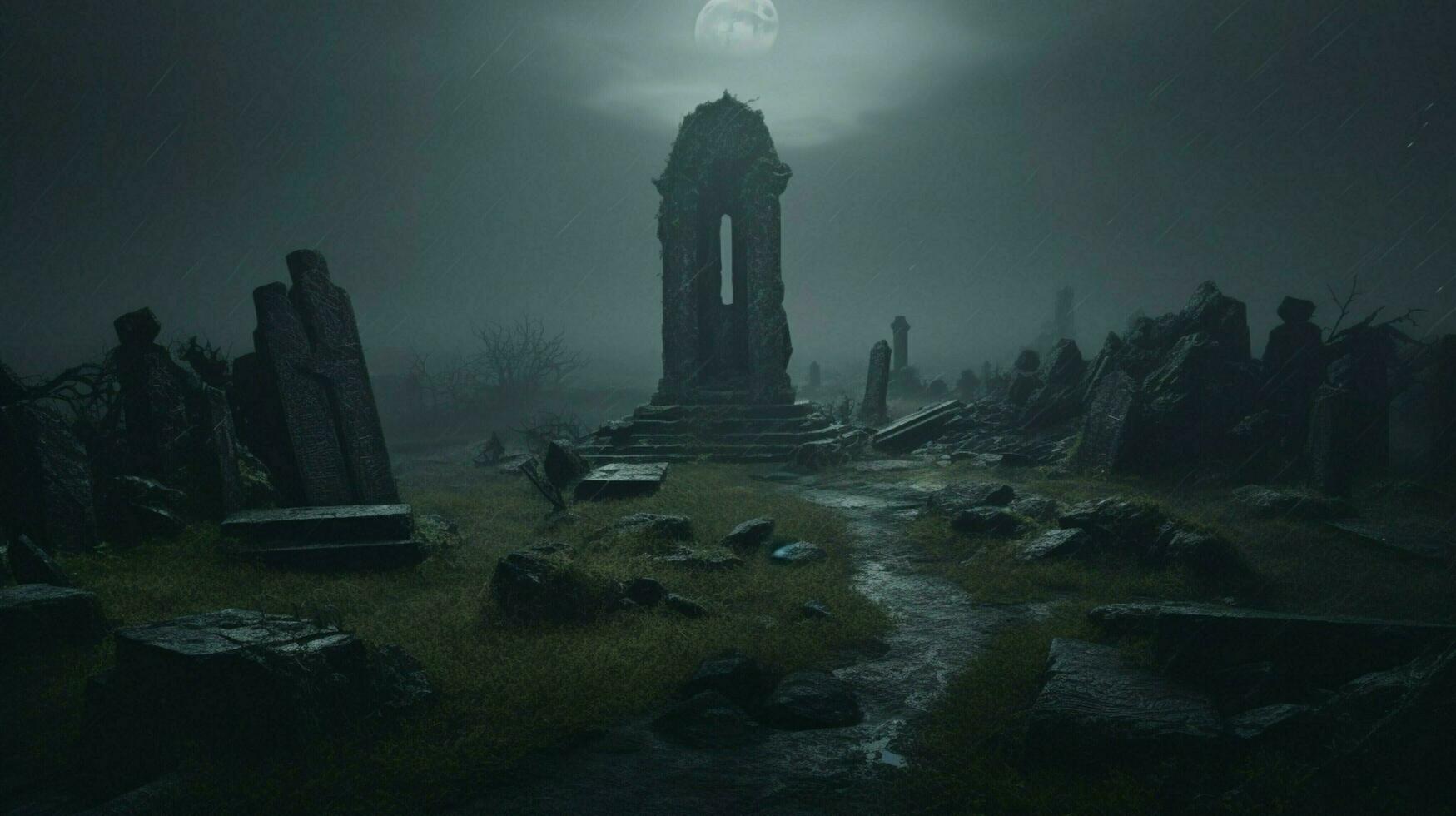 effrayant ancien se ruiner une foncé pierre tombale dans le brumeux paysage photo