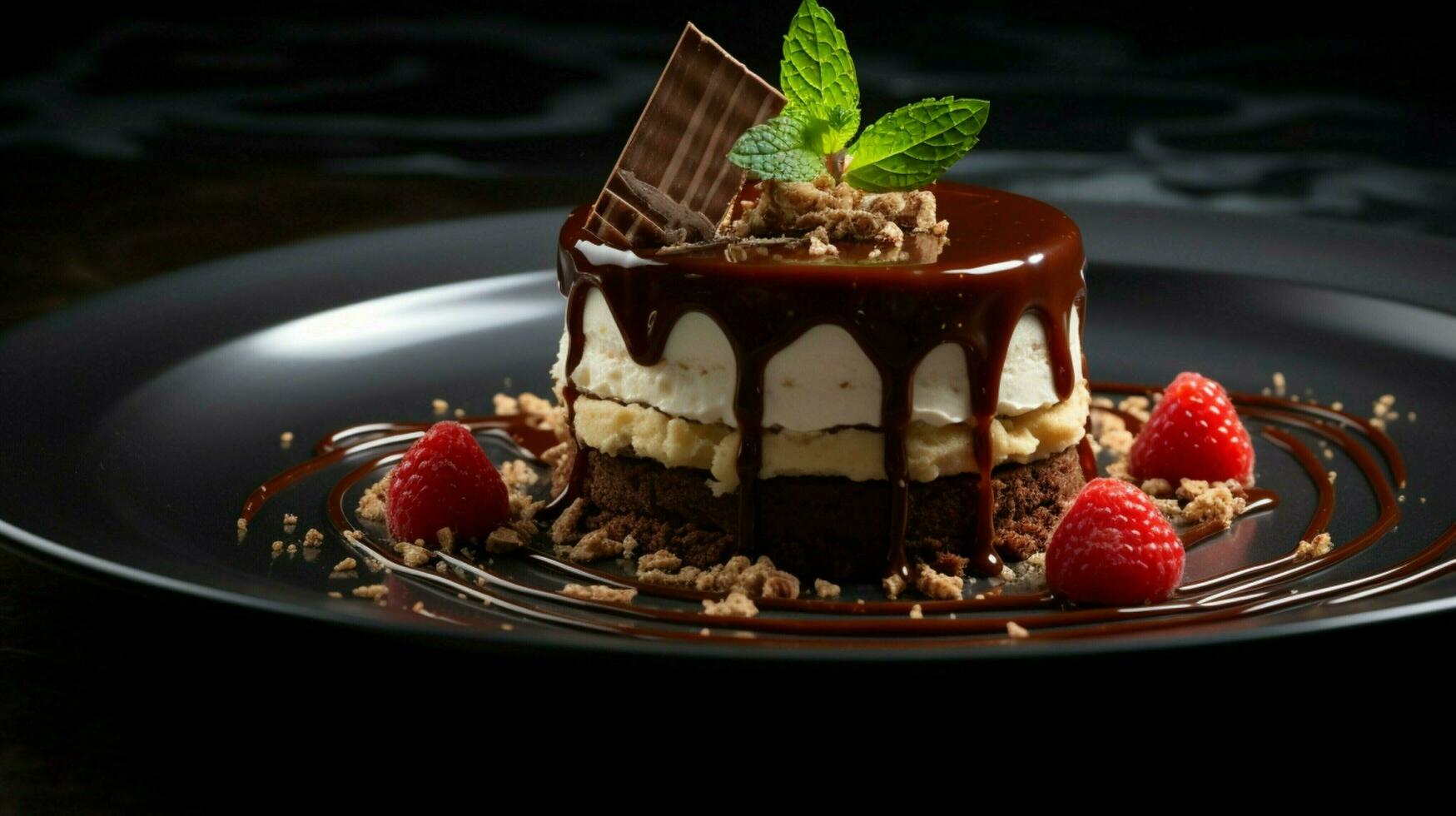 sucré gourmet dessert sur assiette avec Chocolat Frais photo
