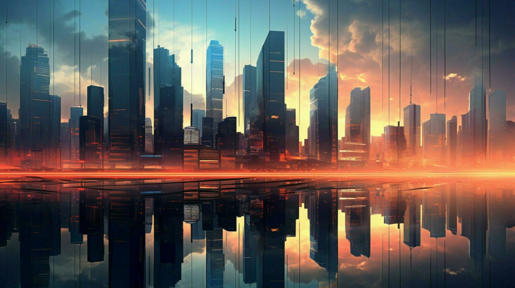 grand gratte-ciel reflète futuriste ville horizon à crépuscule photo