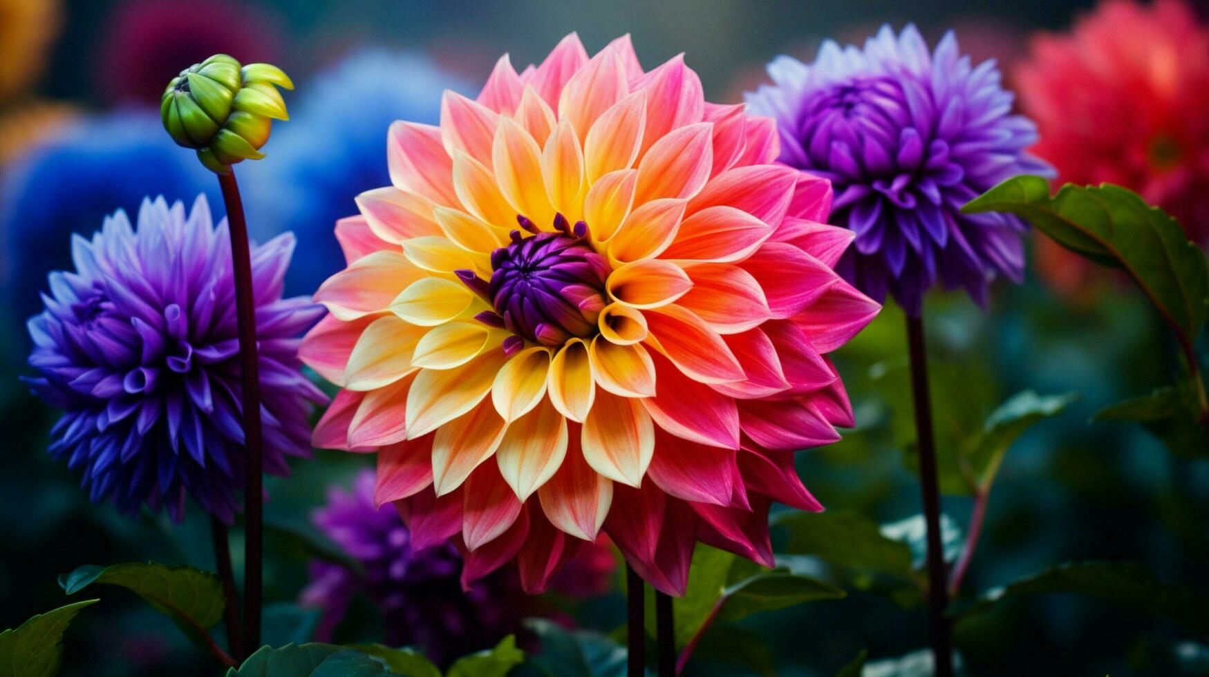 vibrant pétales de une multi coloré dahlia dans une vert jardin photo