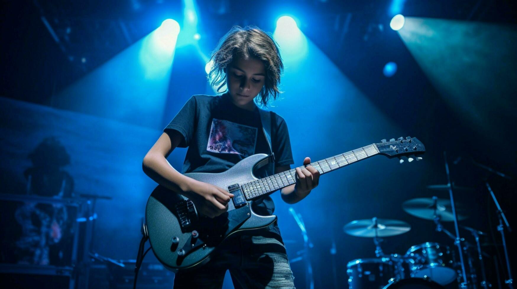 Jeune musicien effectue Roche la musique sur étape photo