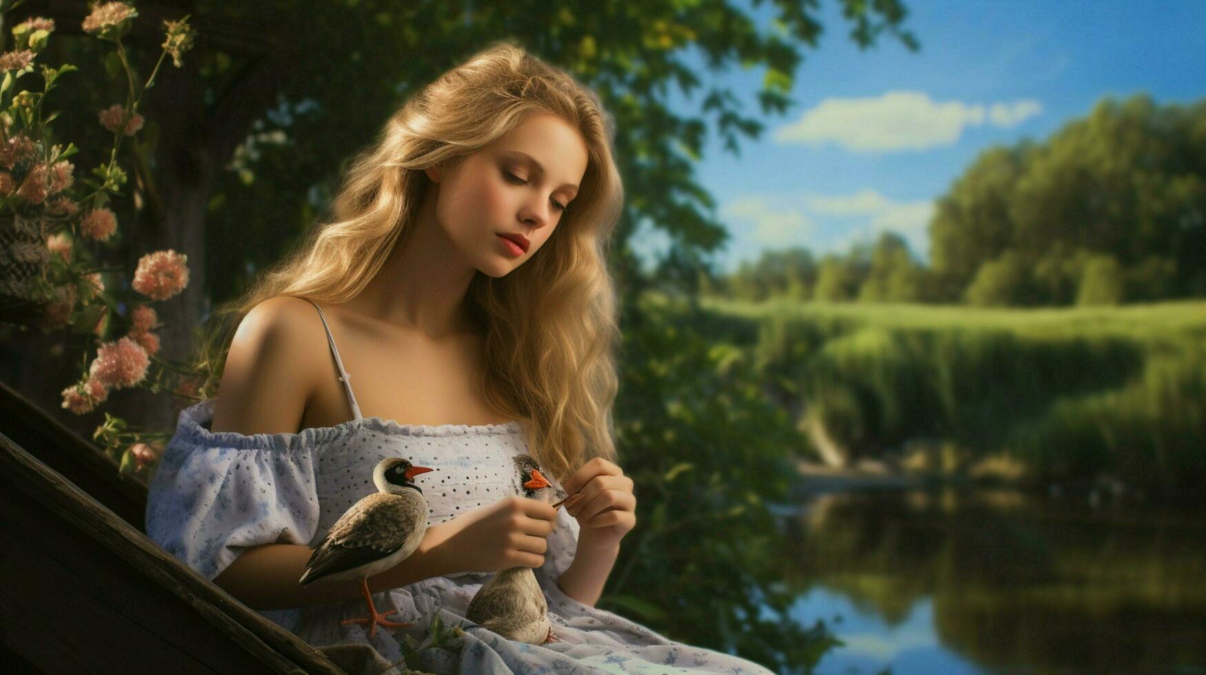 Jeune femme jouit le beauté de la nature dans une rural scène photo