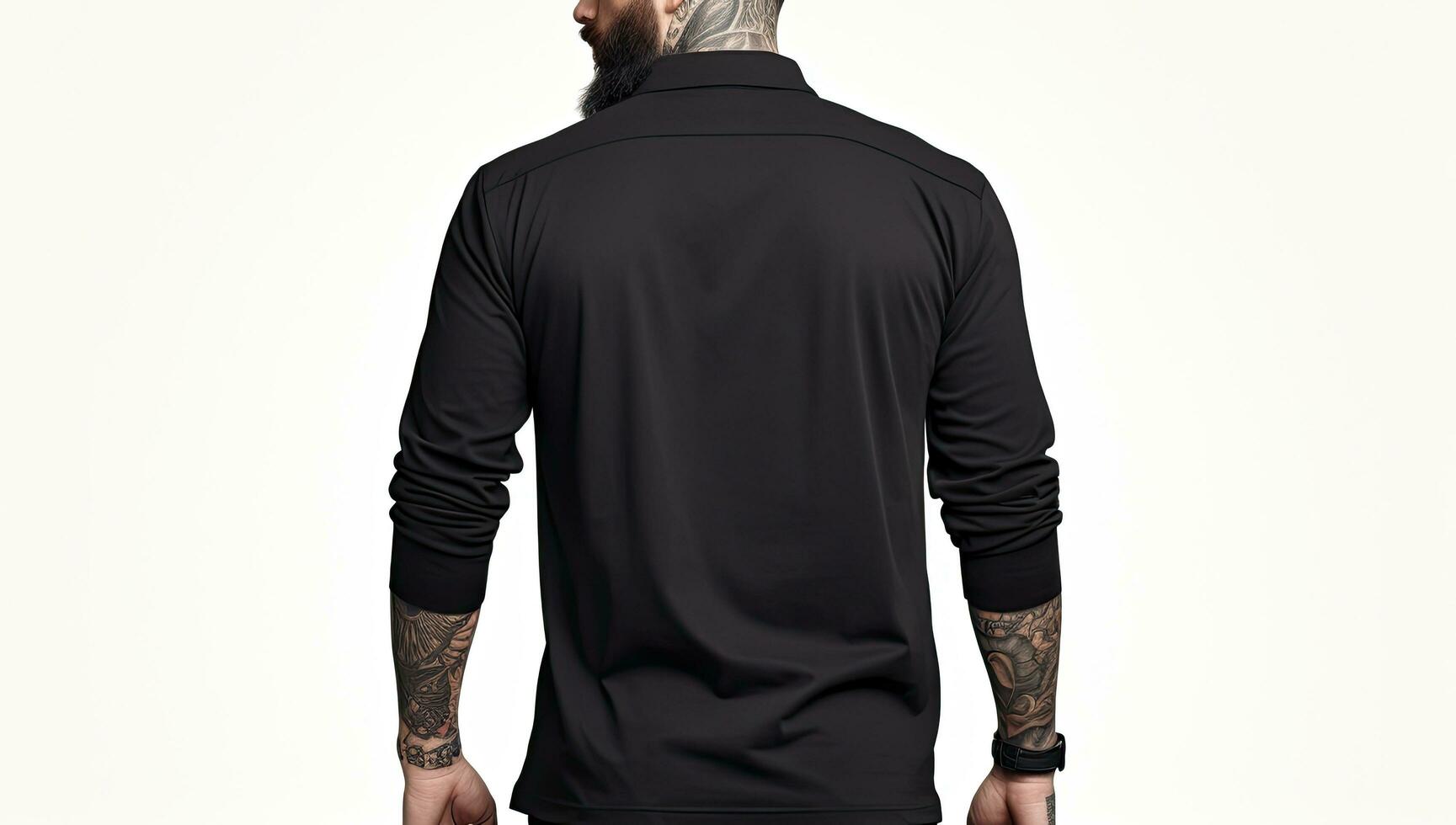 tatoué homme dans noir tenue de sport sur blanc arrière-plan, Masculin modèle portant une Facile noir polo T-shirt sur une blanc arrière-plan, de face vue et retour voir, Haut section recadré, ai généré photo