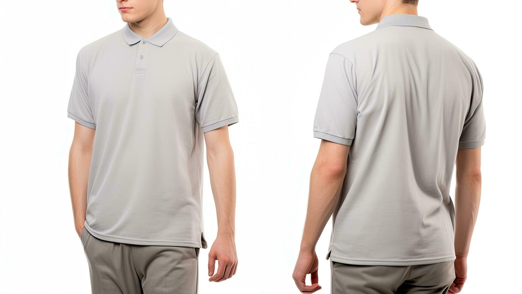 Vide gris polo T-shirt modèle, de face et retour voir, Masculin modèle portant une Facile gris cendre polo chemise sur une blanc arrière-plan, de face vue et retour voir, Haut section recadré, ai généré photo