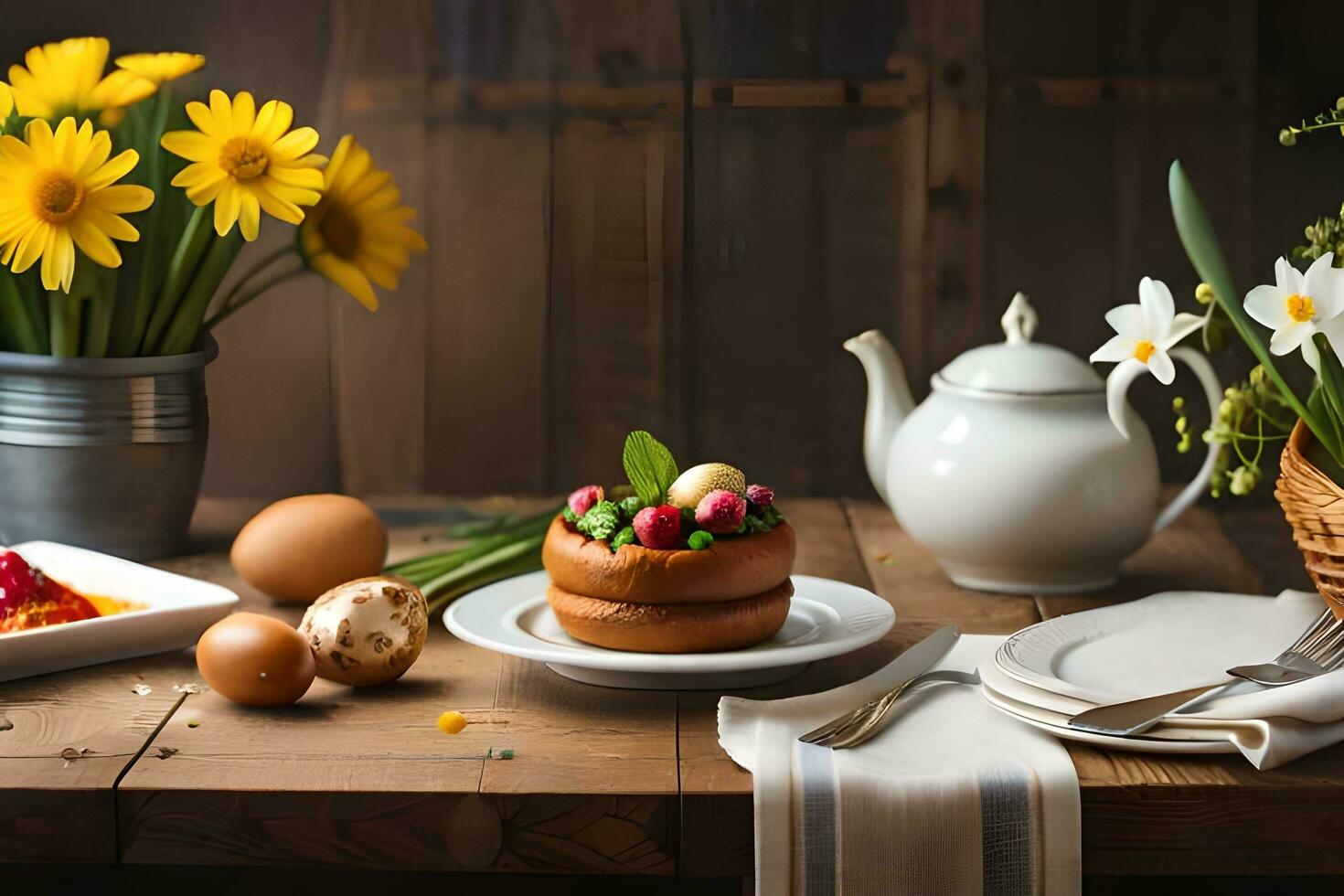 une table avec fleurs et une thé pot. généré par ai photo