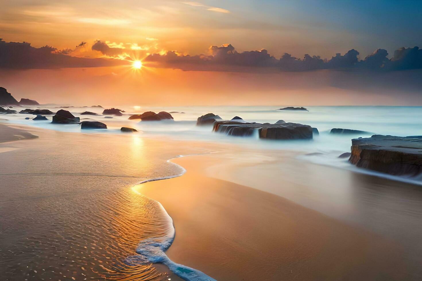 une magnifique le coucher du soleil plus de le océan avec rochers et vagues. généré par ai photo