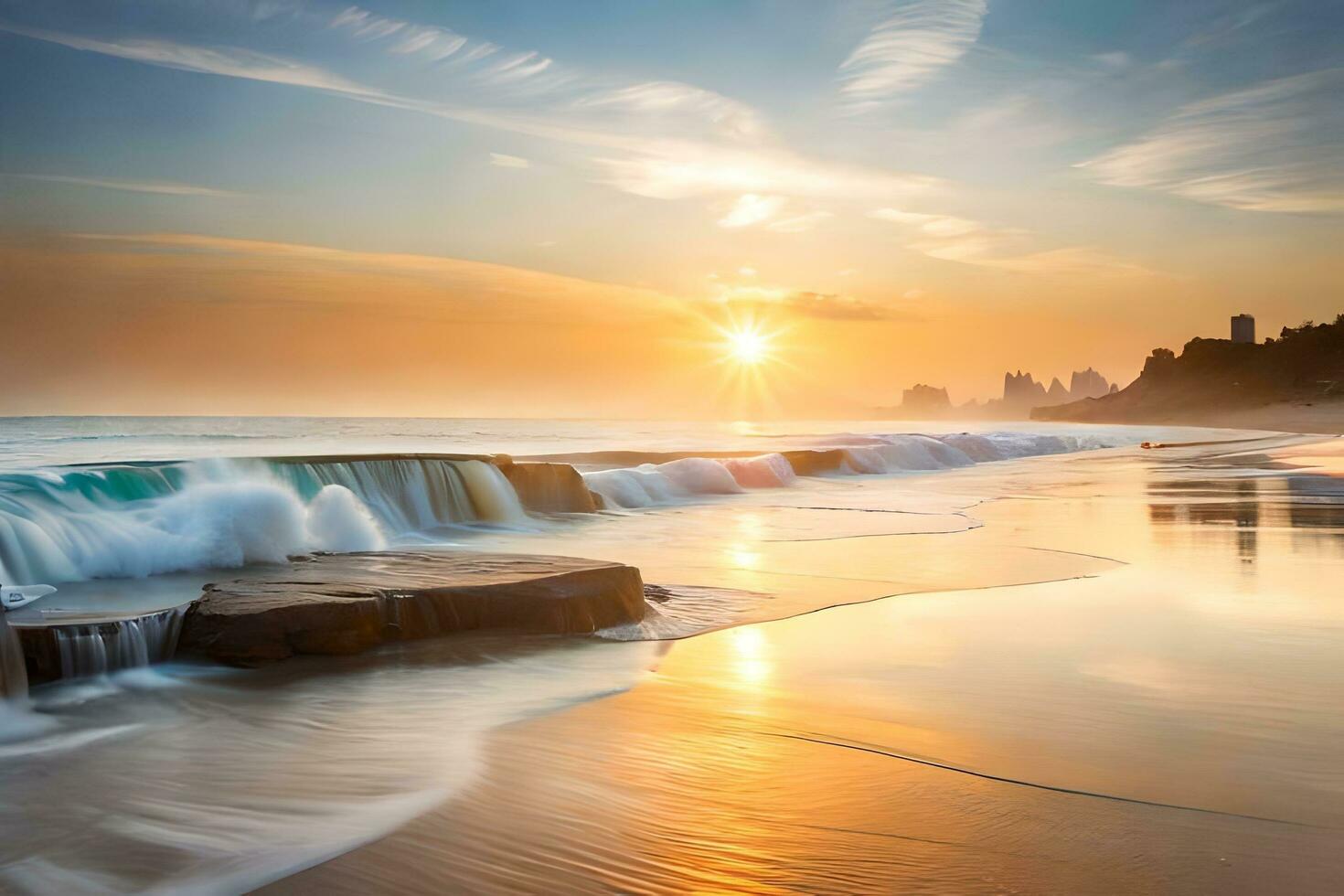 une magnifique le coucher du soleil plus de le océan avec vagues s'écraser dans le rive. généré par ai photo