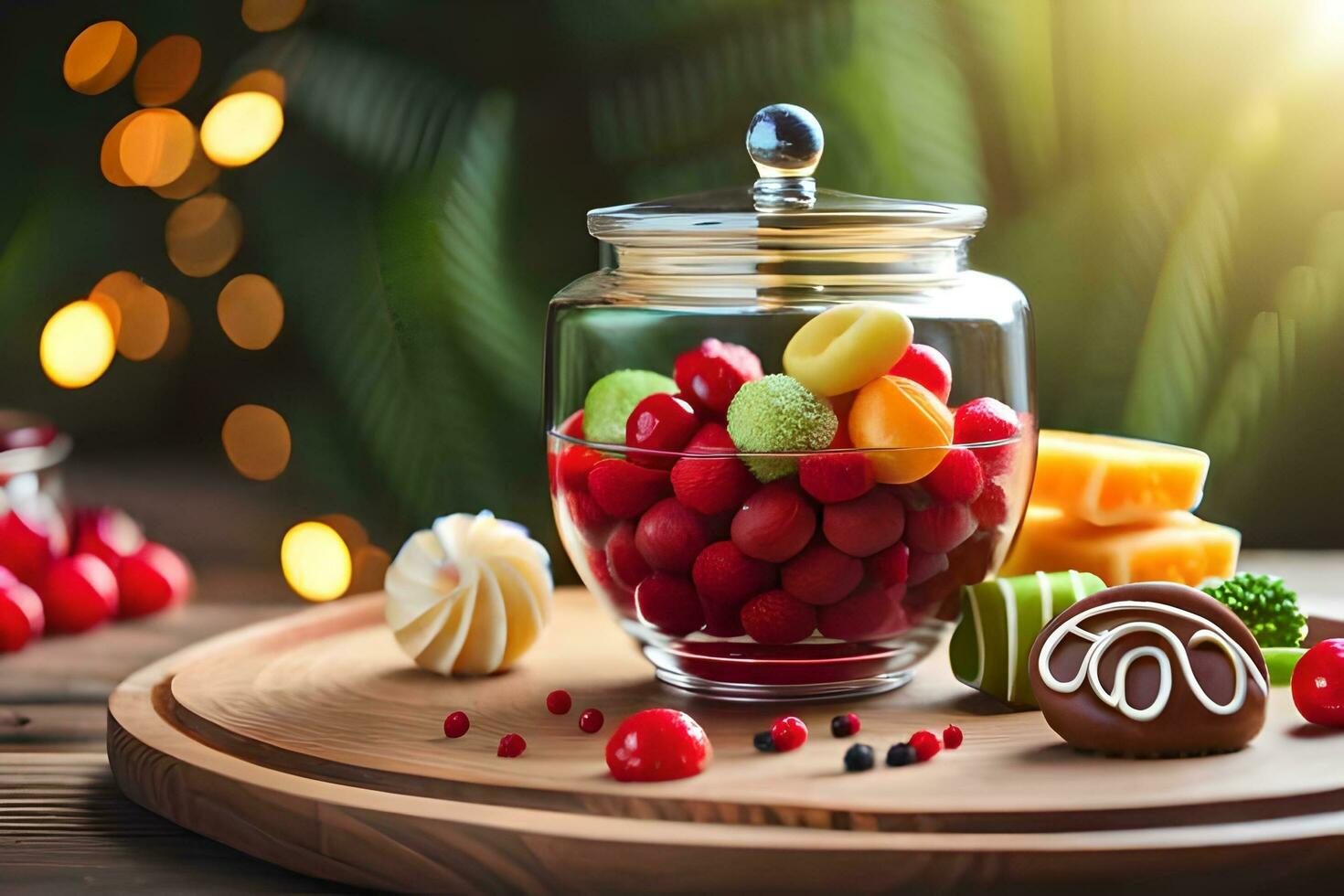 une verre pot rempli avec fruit et bonbons sur une en bois tableau. généré par ai photo