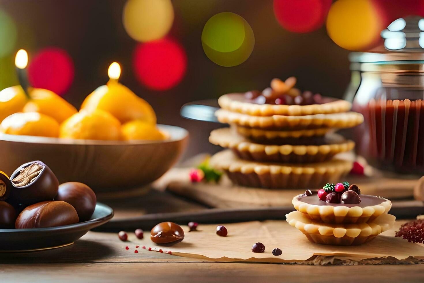 Noël desserts sur une table avec bougies. généré par ai photo