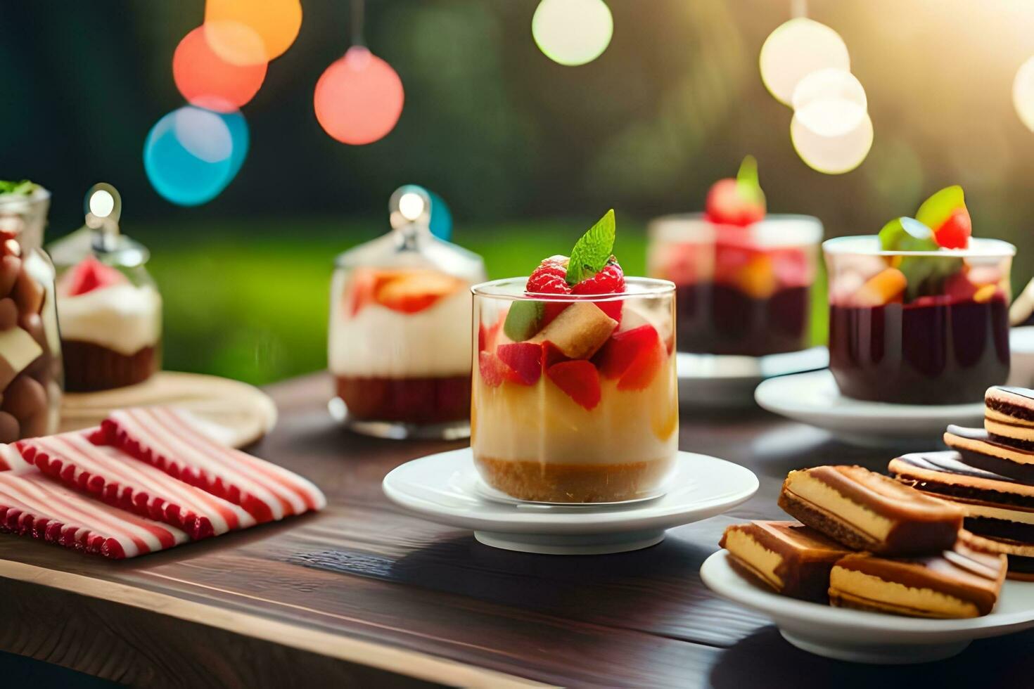 une table avec desserts et autre aliments. généré par ai photo