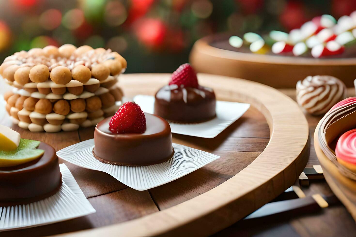 Chocolat desserts sur une en bois plateau. généré par ai photo