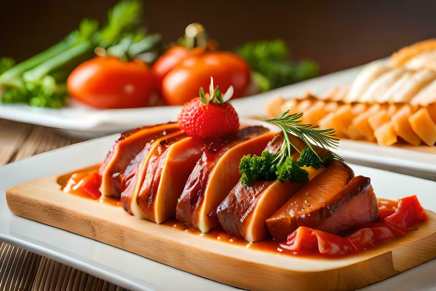 une assiette de Viande et des légumes avec sauce. généré par ai photo