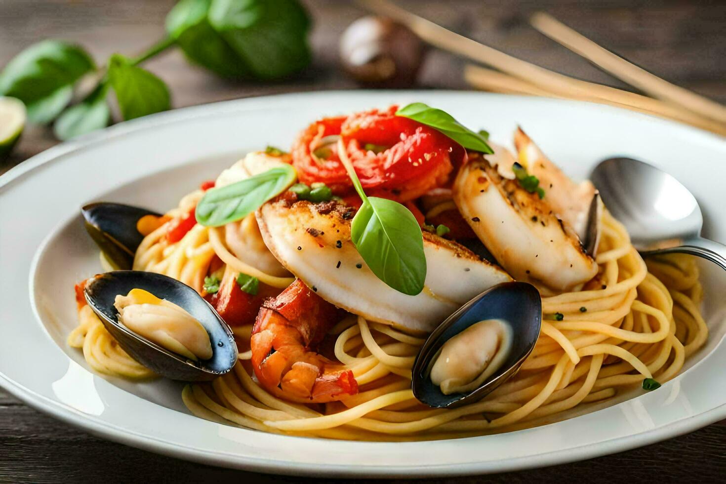 une assiette de spaghetti avec Fruit de mer et tomates. généré par ai photo