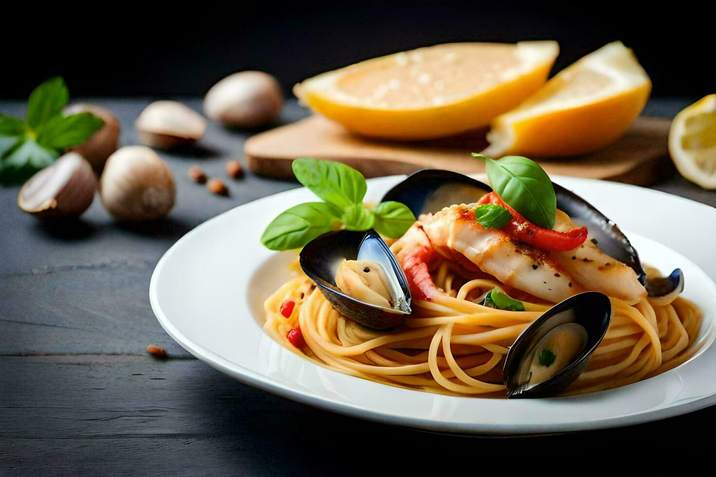 spaghetti avec moules et Fruit de mer sur une plaque. généré par ai photo