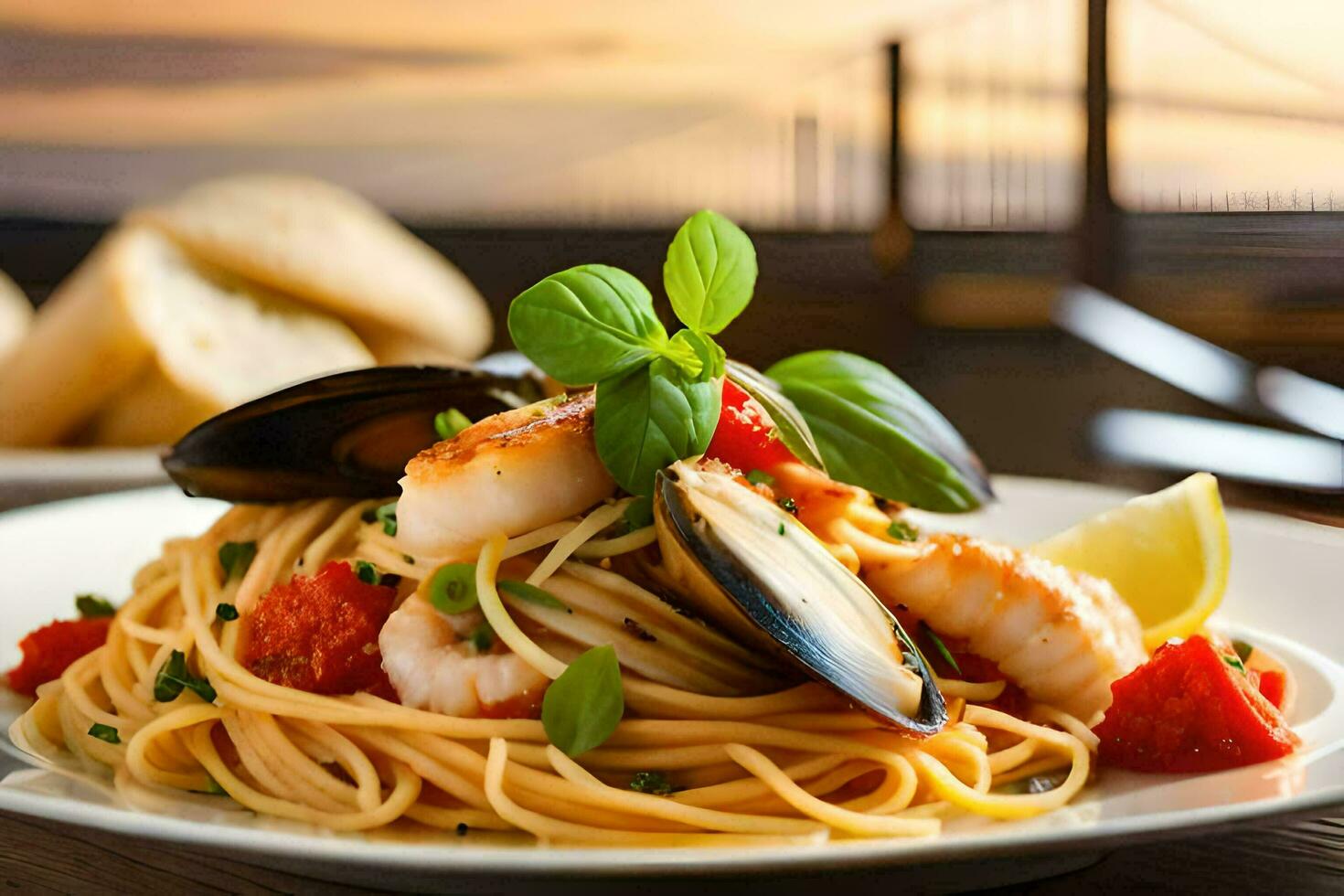 une assiette de Pâtes avec Fruit de mer et pain. généré par ai photo