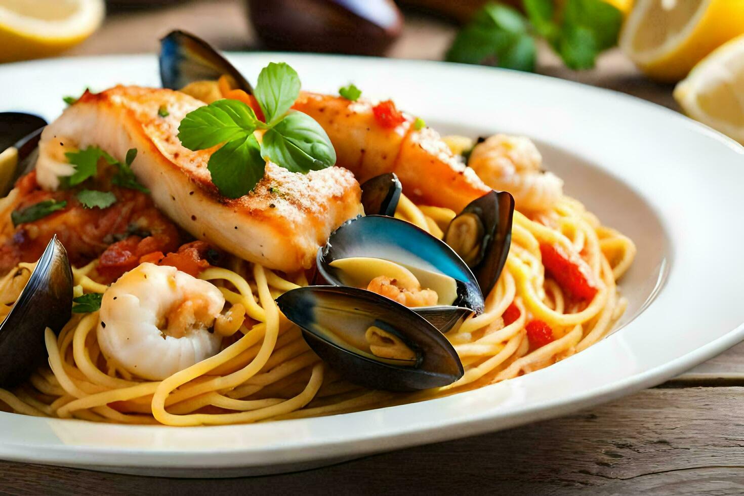 une assiette de Pâtes avec Fruit de mer et moules. généré par ai photo