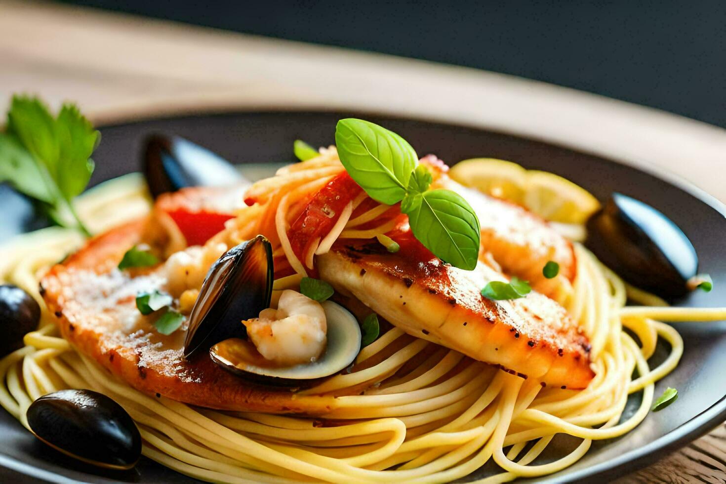 une assiette de Pâtes avec Fruit de mer et tomates. généré par ai photo