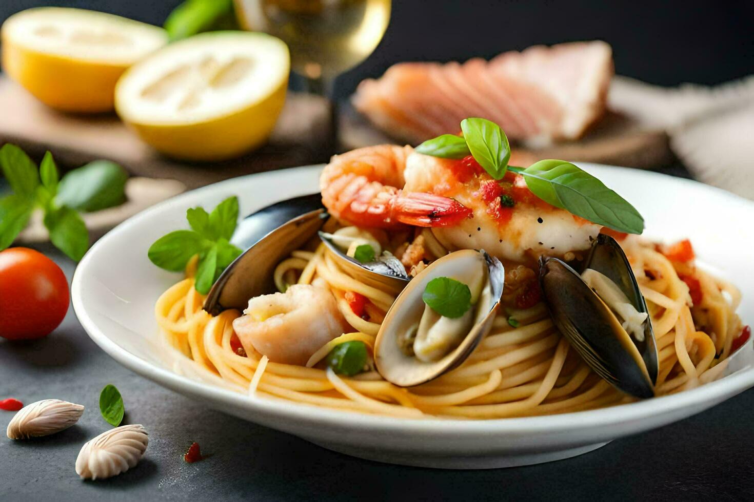 spaghetti avec Fruit de mer et tomates. généré par ai photo