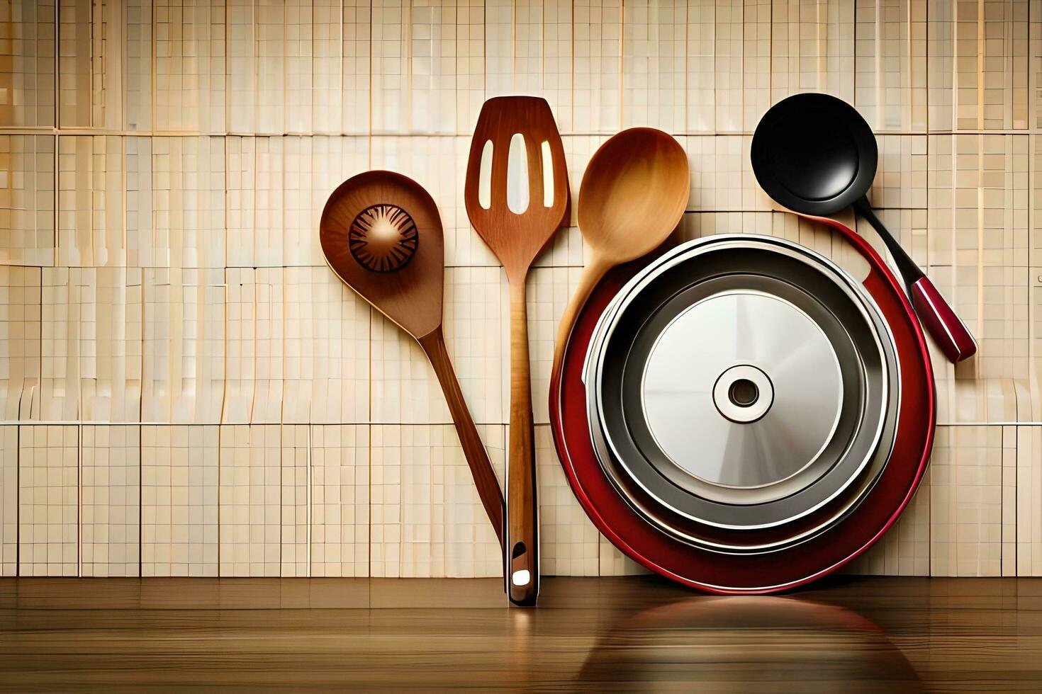 une en bois table avec une en bois cuillère, spatule et en bois cuillère. généré par ai photo