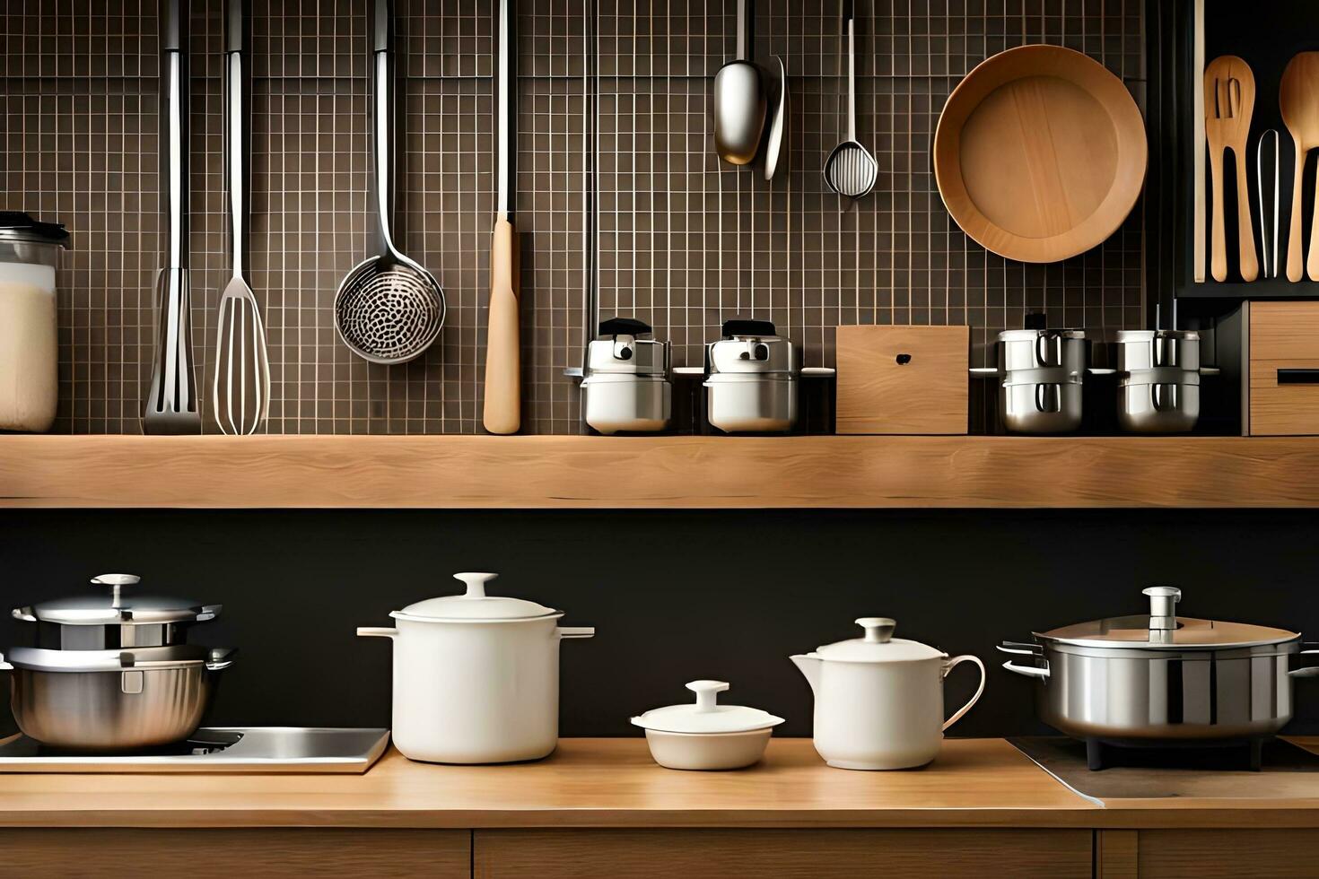 une cuisine avec des pots et des casseroles sur une étagère. généré par ai photo