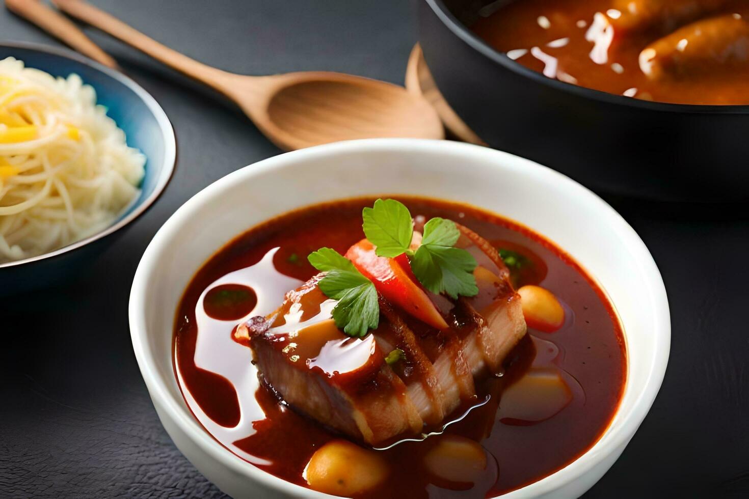 une bol de Viande et sauce avec une cuillère. généré par ai photo