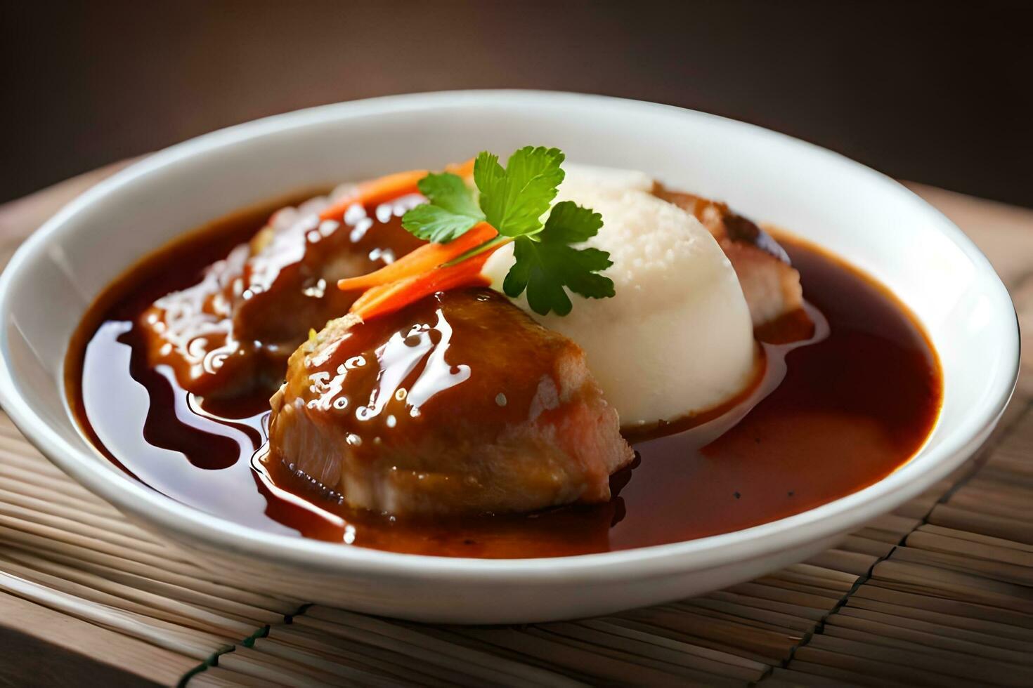 une bol de Viande et sauce avec une cuillère. généré par ai photo