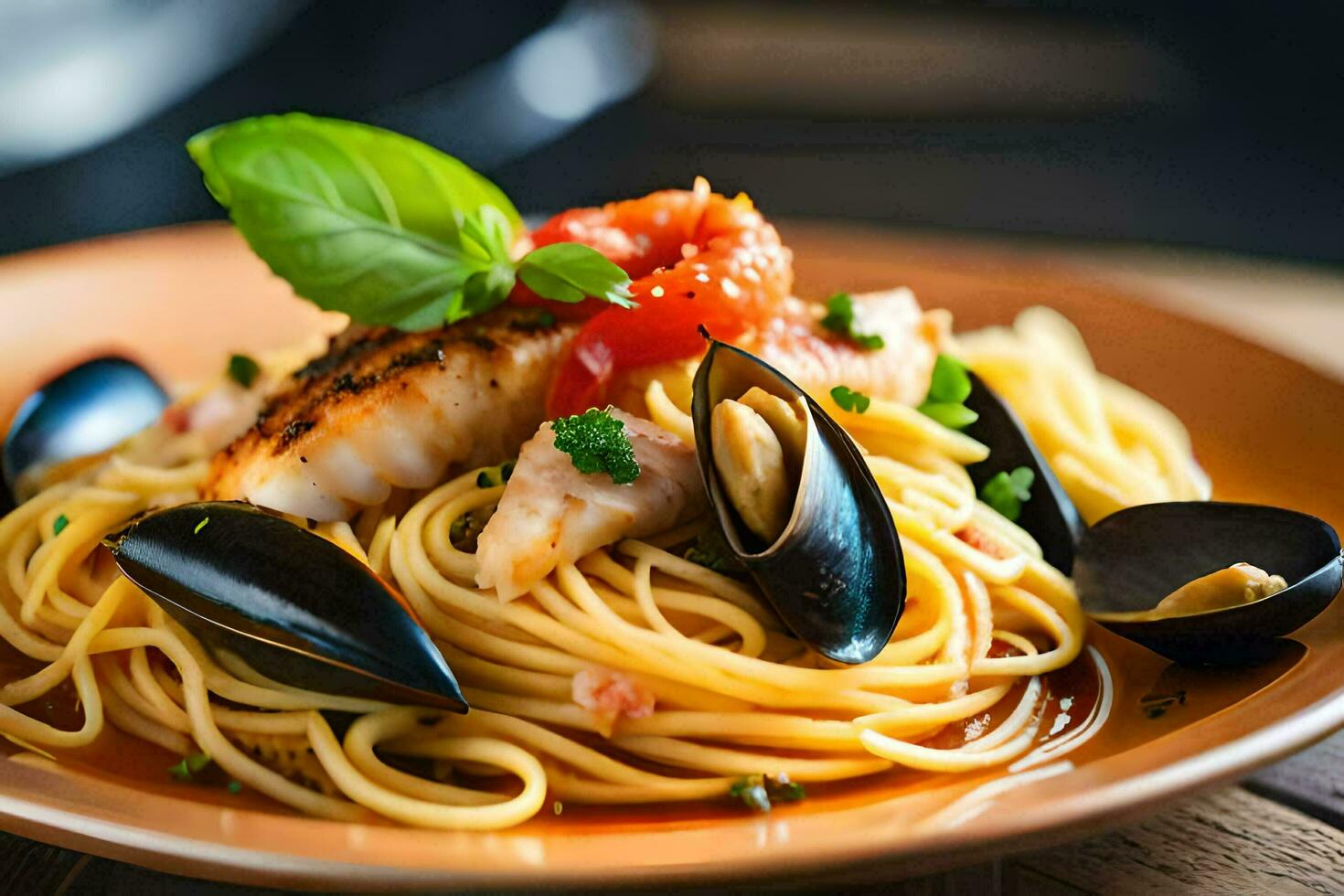 une assiette de Pâtes avec moules et Fruit de mer. généré par ai photo