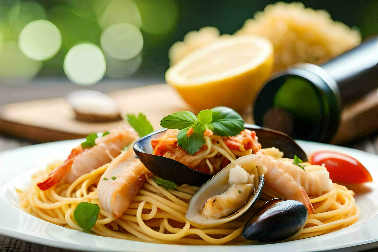 spaghetti avec moules, palourdes et crevette sur une plaque. généré par ai photo