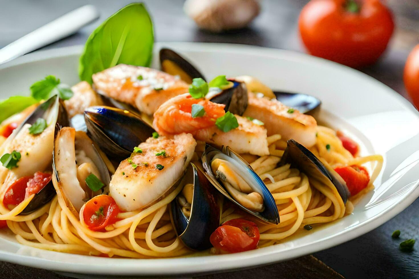 une assiette de Pâtes avec Fruit de mer et tomates. généré par ai photo