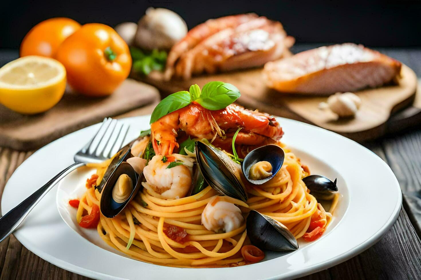 une assiette de Pâtes avec Fruit de mer et des légumes. généré par ai photo