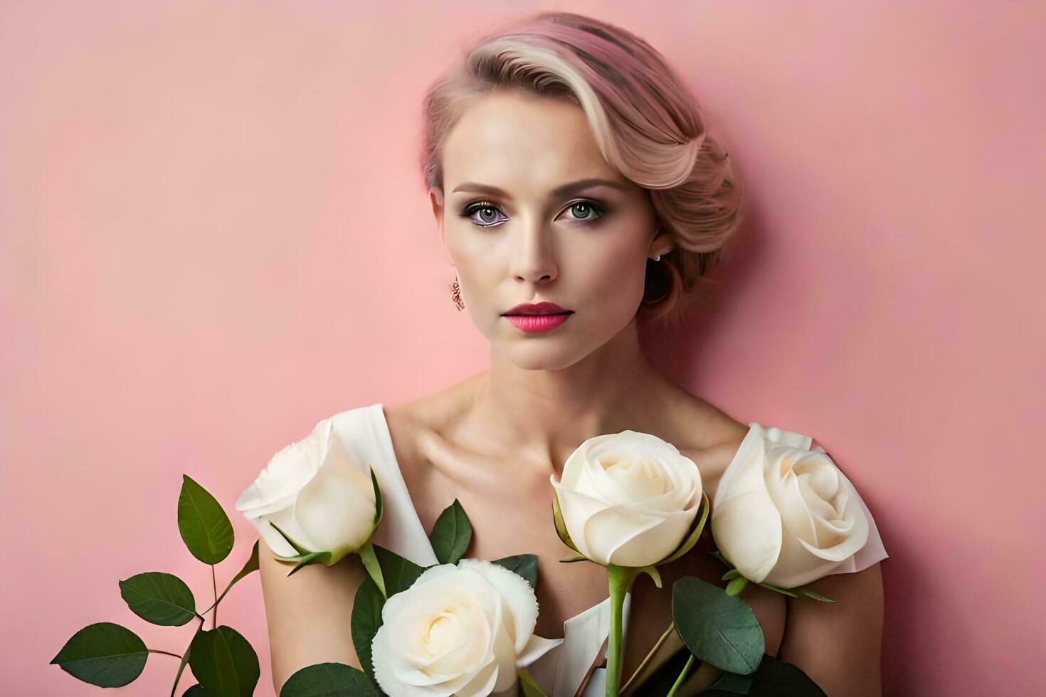 une femme avec rose cheveux et blanc des roses. généré par ai photo