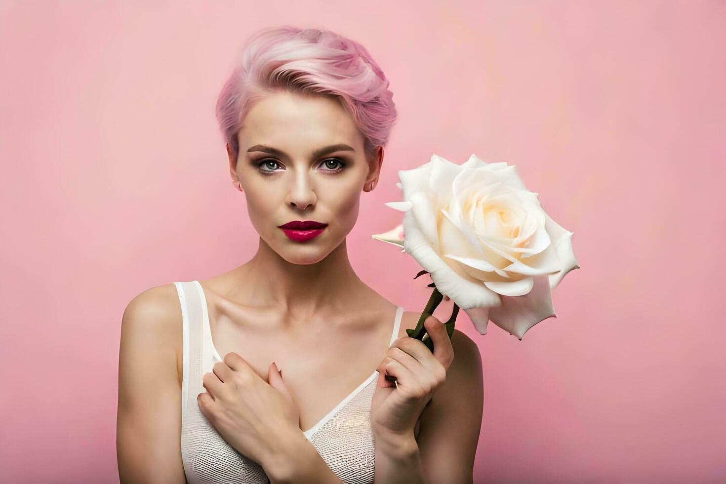 magnifique femme avec rose cheveux en portant une blanc Rose. généré par ai photo