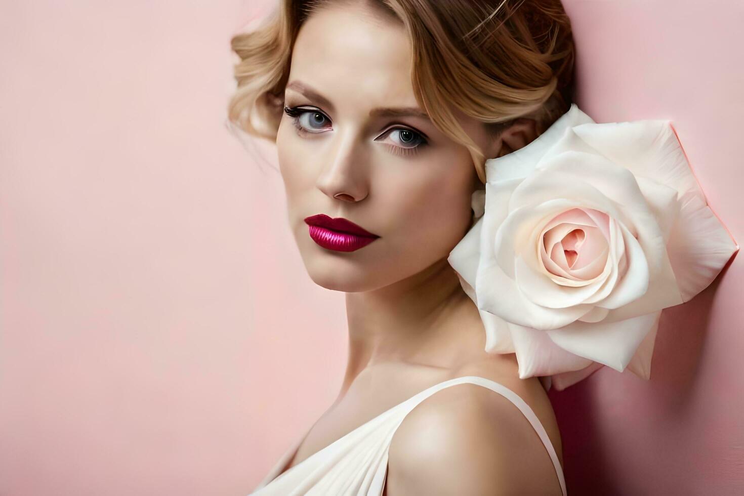 magnifique femme avec Rose sur rose Contexte. généré par ai photo