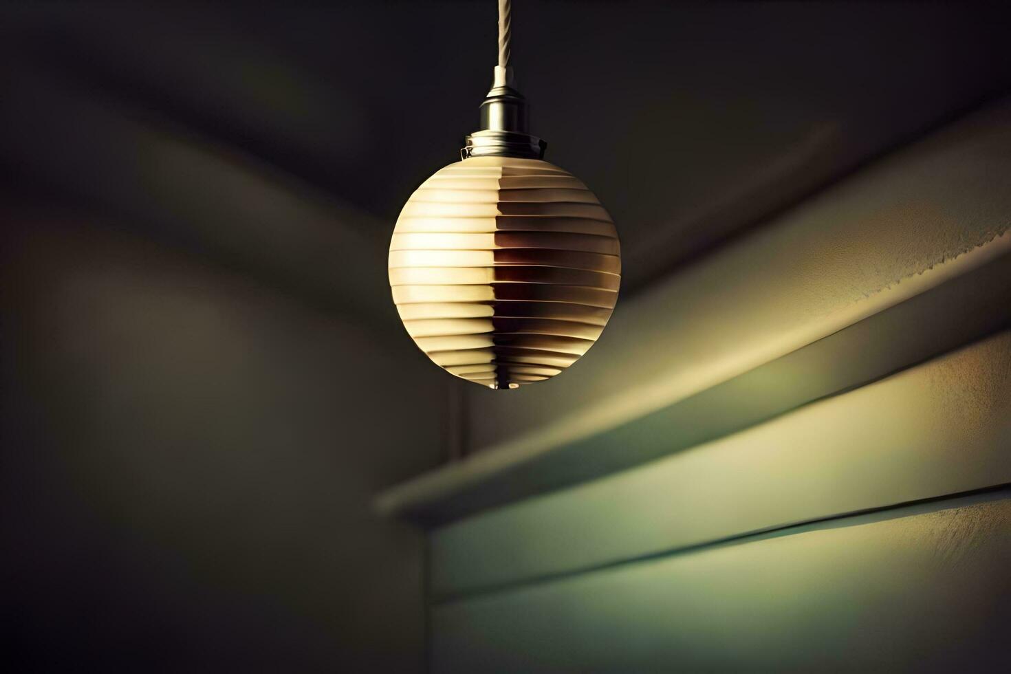 une lumière pendaison de une plafond dans une foncé chambre. généré par ai photo