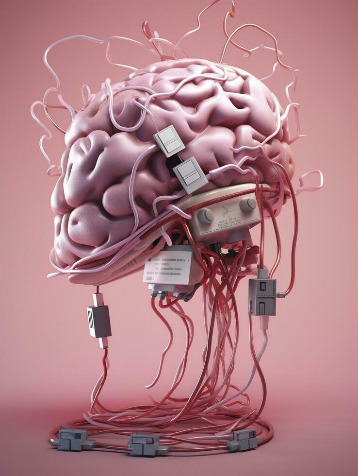 gros rose Humain cerveau avec beaucoup l'audio jack câbles branché dans cette Barine, 3d rendre, ai génératif photo