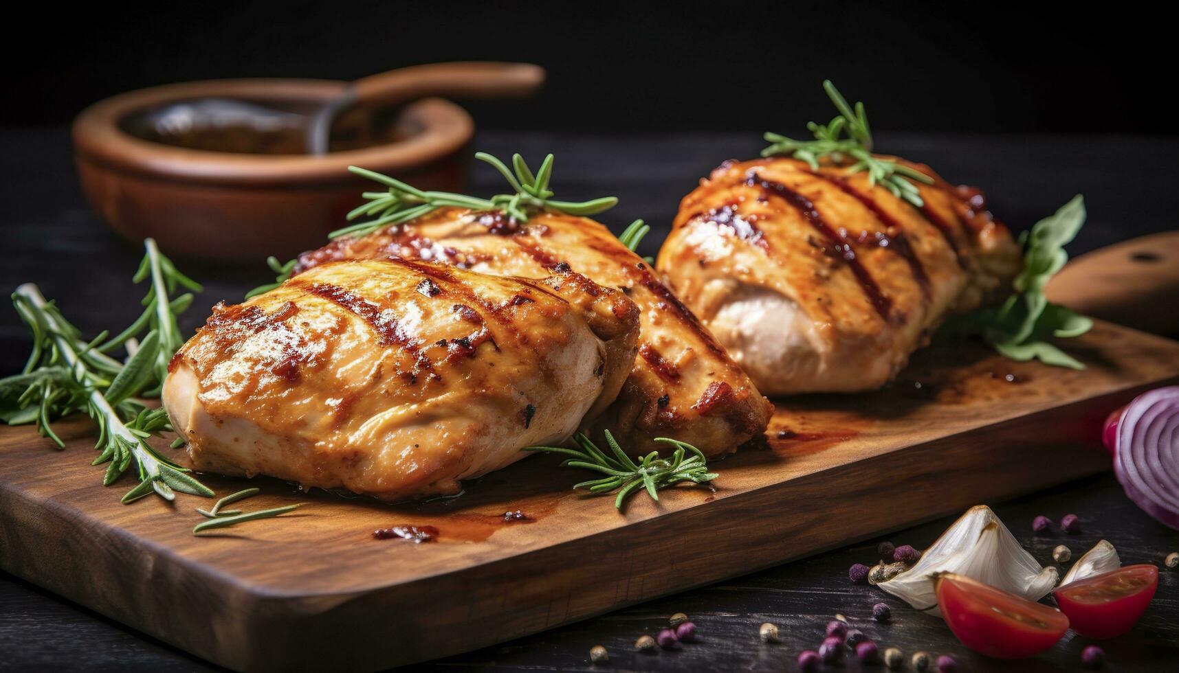 fermer de savoureux rôti poulet Sein servi sur en bois planche. grillé poulet. génératif ai photo